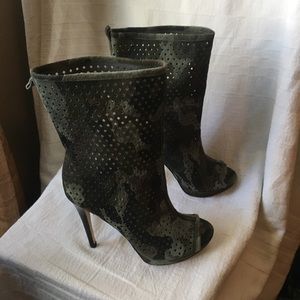 Camouflage BCBG peep toe heel booties